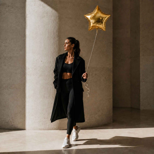 A woman in a black athletic set and long black coat walks through a sunlit concrete corridor while holding a metallic gold star-shaped balloon.