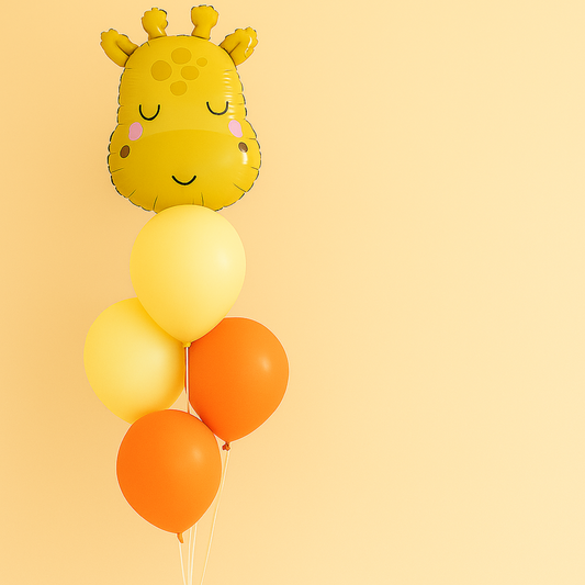 Giraffe-shaped balloon with yellow and orange balloons on a beige background