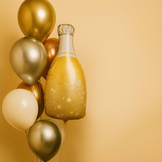 Fathers Day champagne foil balloon bouquet with helium-filled chrome gold, silver, rose gold, white, and clear latex balloons Canada delivery.