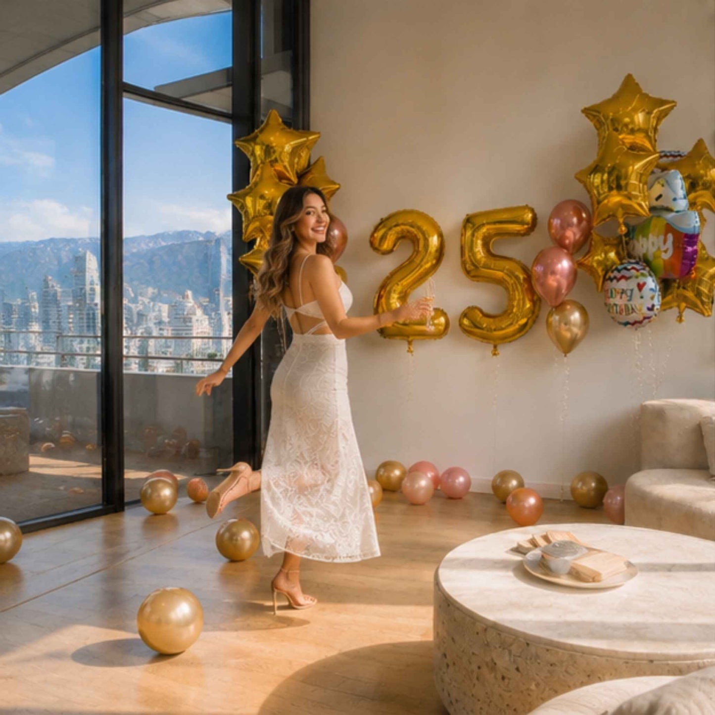 A woman in a white lace dress stands in a modern living room decorated with gold and pink balloons, including large gold '25' balloons and star-shaped balloons, with a city skyline visible through large windows.