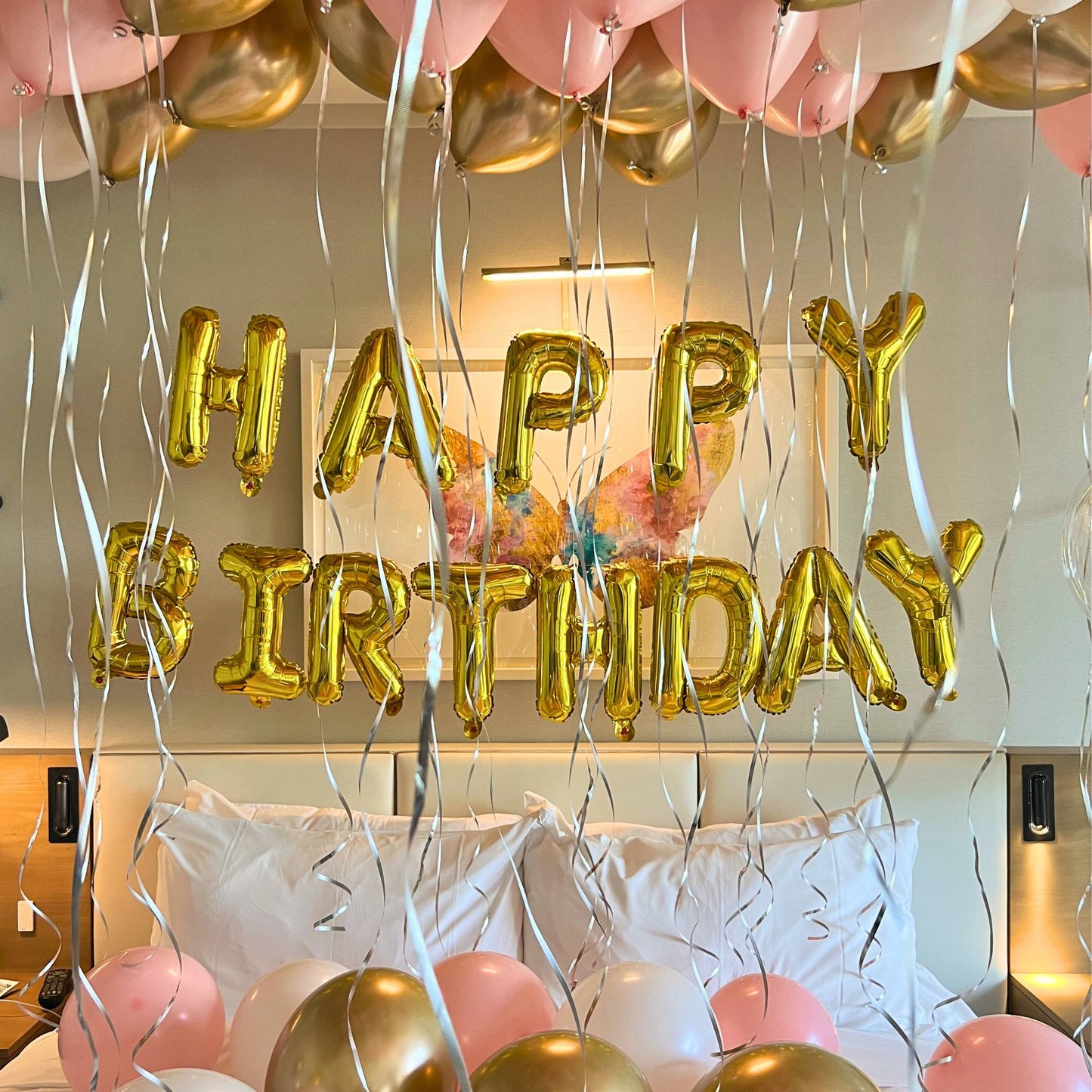 Happy Birthday Foil Banner Gold with silver ribbon 