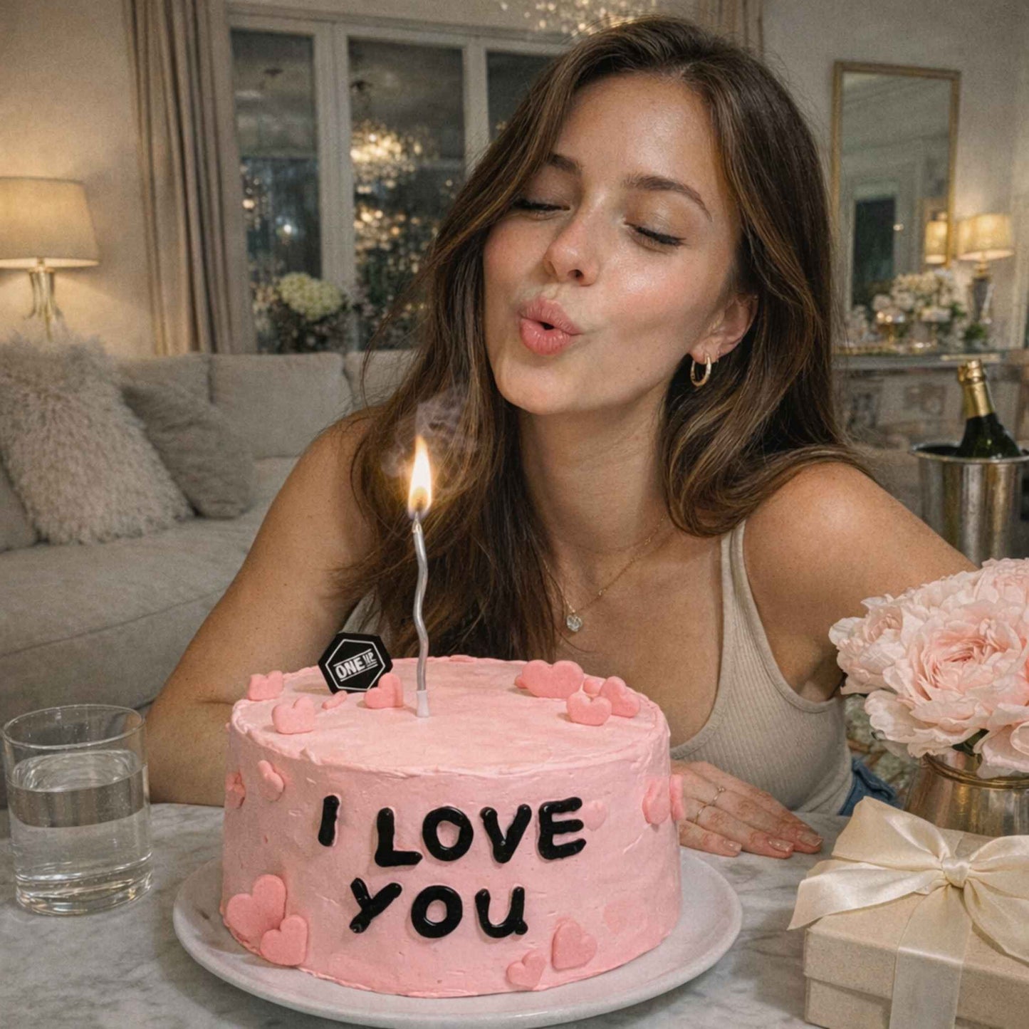 Woman blowing out a candle on a pink cake with 'I LOVE YOU' text in a cozy indoor setting.