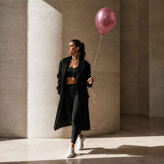 A woman walks through a sunlit concrete corridor holding a metallic pink balloon. She is wearing a black long coat over a black sports bra and leggings with white sneakers.