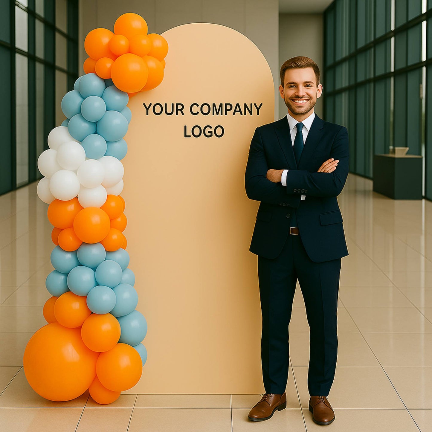 balloon backdrop customized text orange and blue large event space