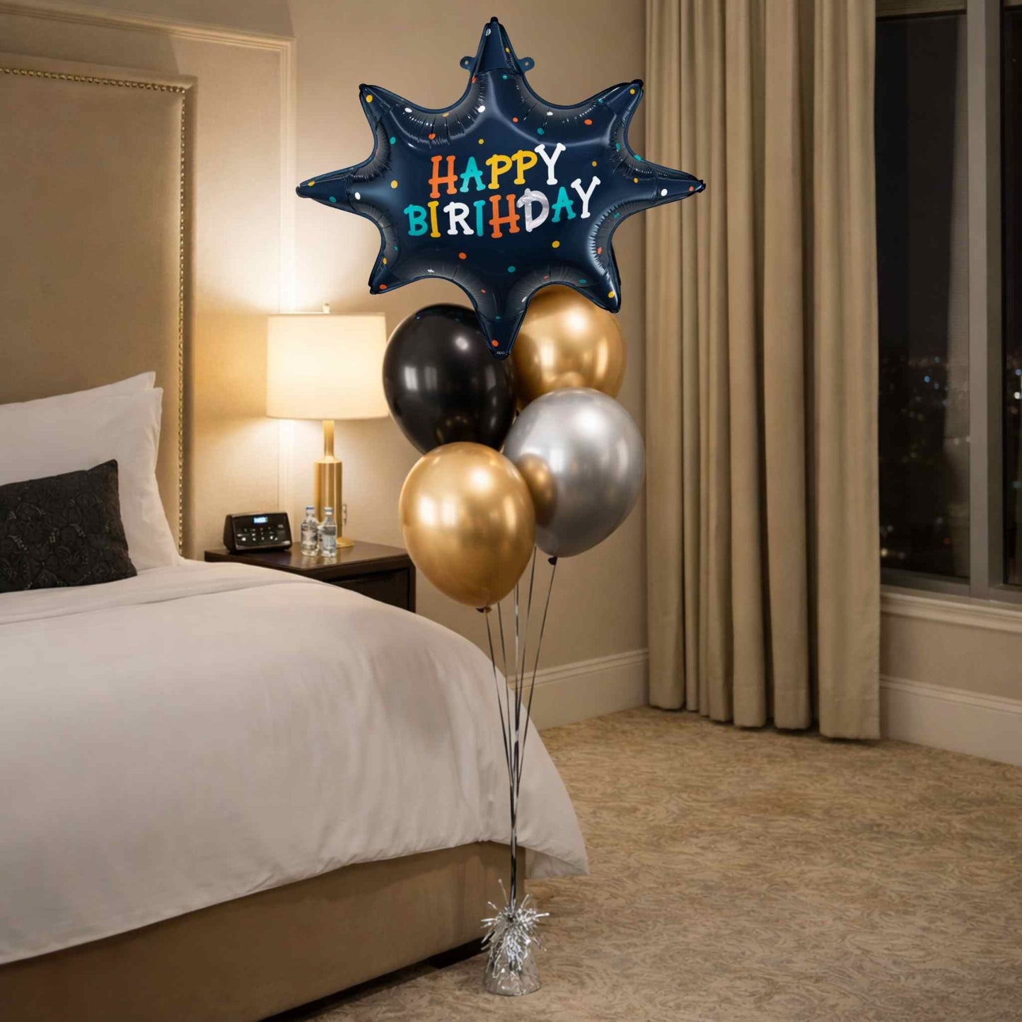 Birthday balloons with a 'Happy Birthday' balloon in a bedroom setting.
