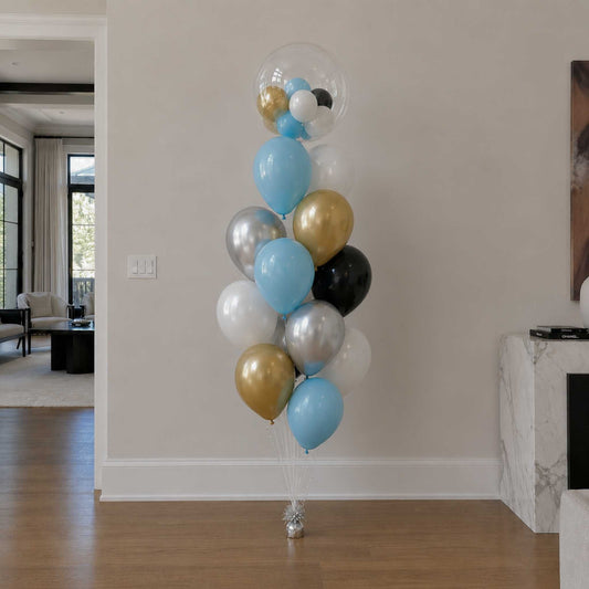Balloon arrangement in a living room with a neutral color scheme