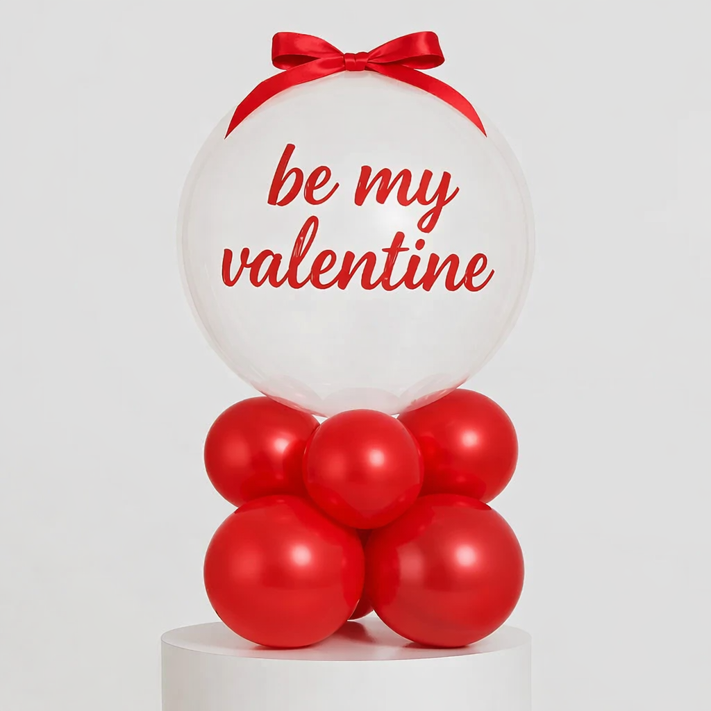White balloon with red text 'be my valentine' and red ribbons, surrounded by red balloons on a white background.