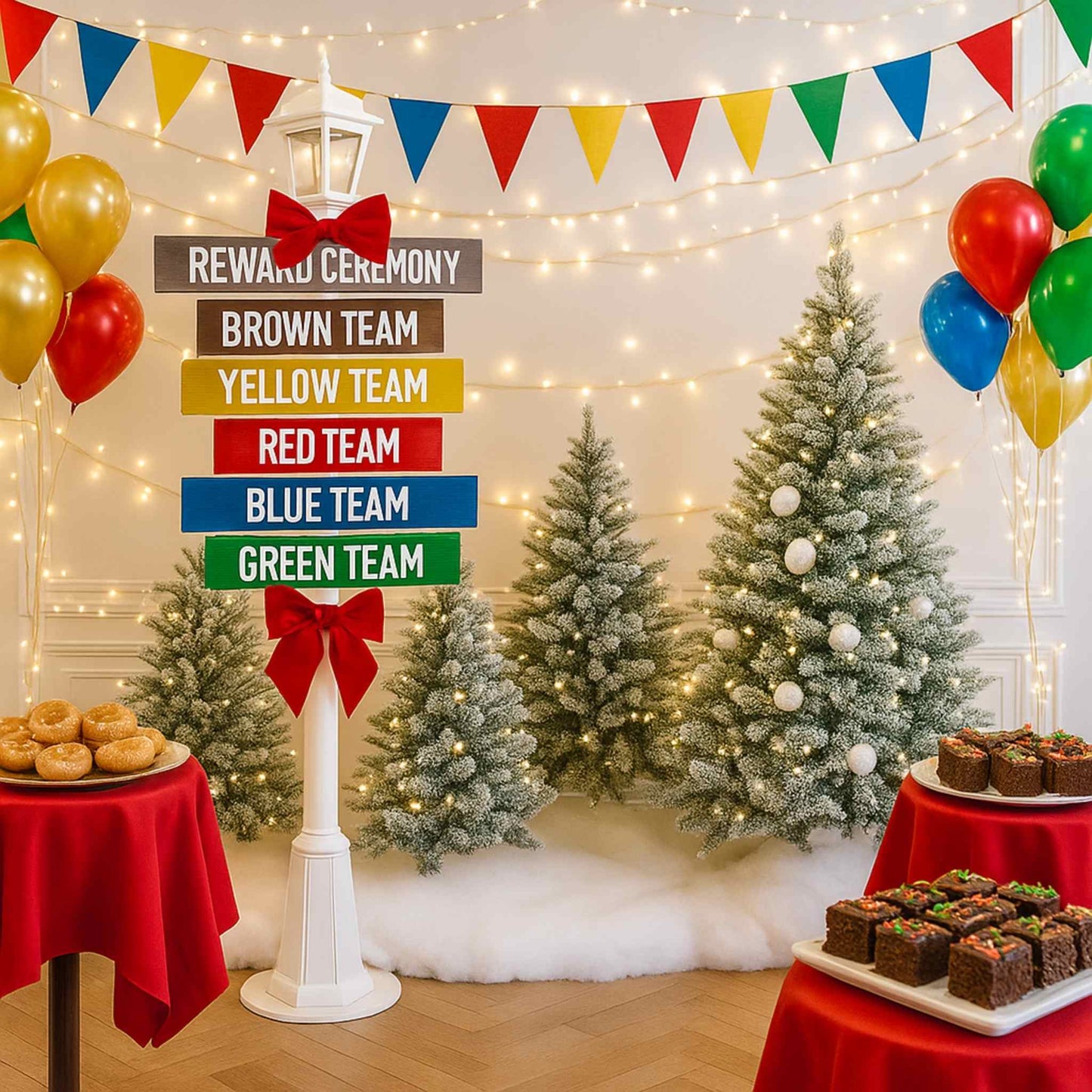 Decorated room with Christmas trees, balloons, and a reward ceremony sign.