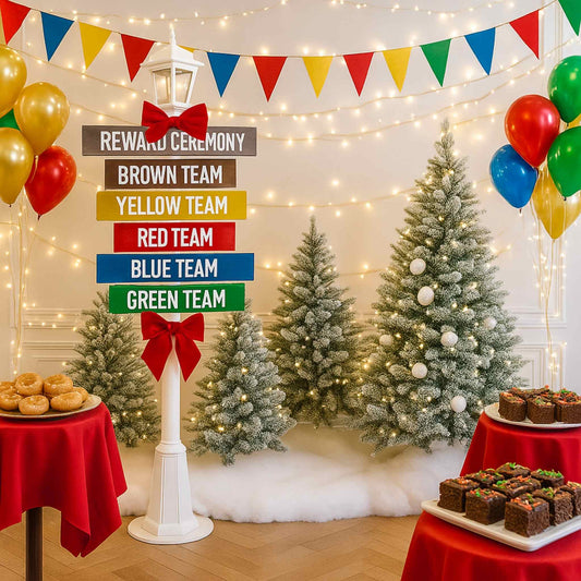 Decorated room with Christmas trees, balloons, and a reward ceremony sign.