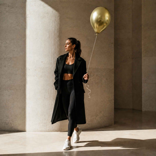 A woman in a black activewear set with a long black coat walks through a sunlit concrete corridor while holding a metallic gold balloon.