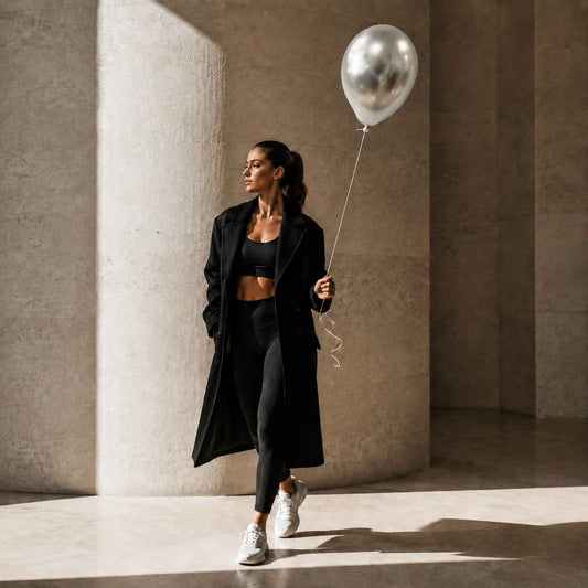 A woman in a black activewear set with a long black coat walks through a sunlit concrete corridor while holding a metallic silver balloon.