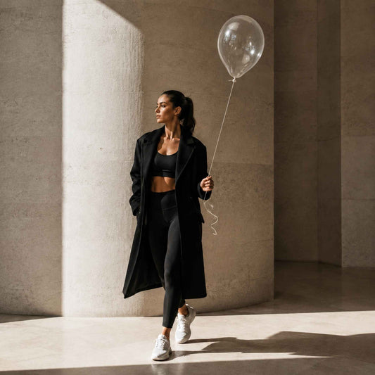 A woman in a black athletic set with a long black coat walks through a minimalist concrete corridor while holding a clear balloon.
