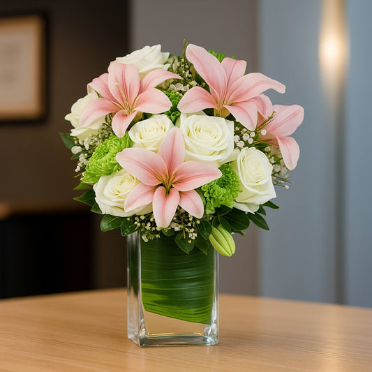 Bouquet of pink and white flowers in a clear vase on a wooden surface.