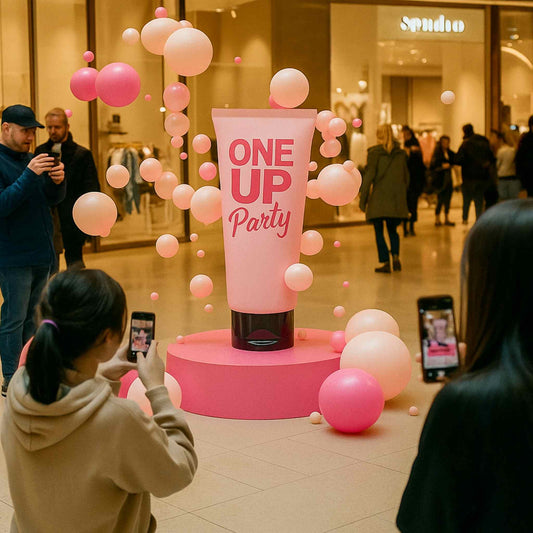 Large pink 'ONE UP Party' container with balloons in a mall setting