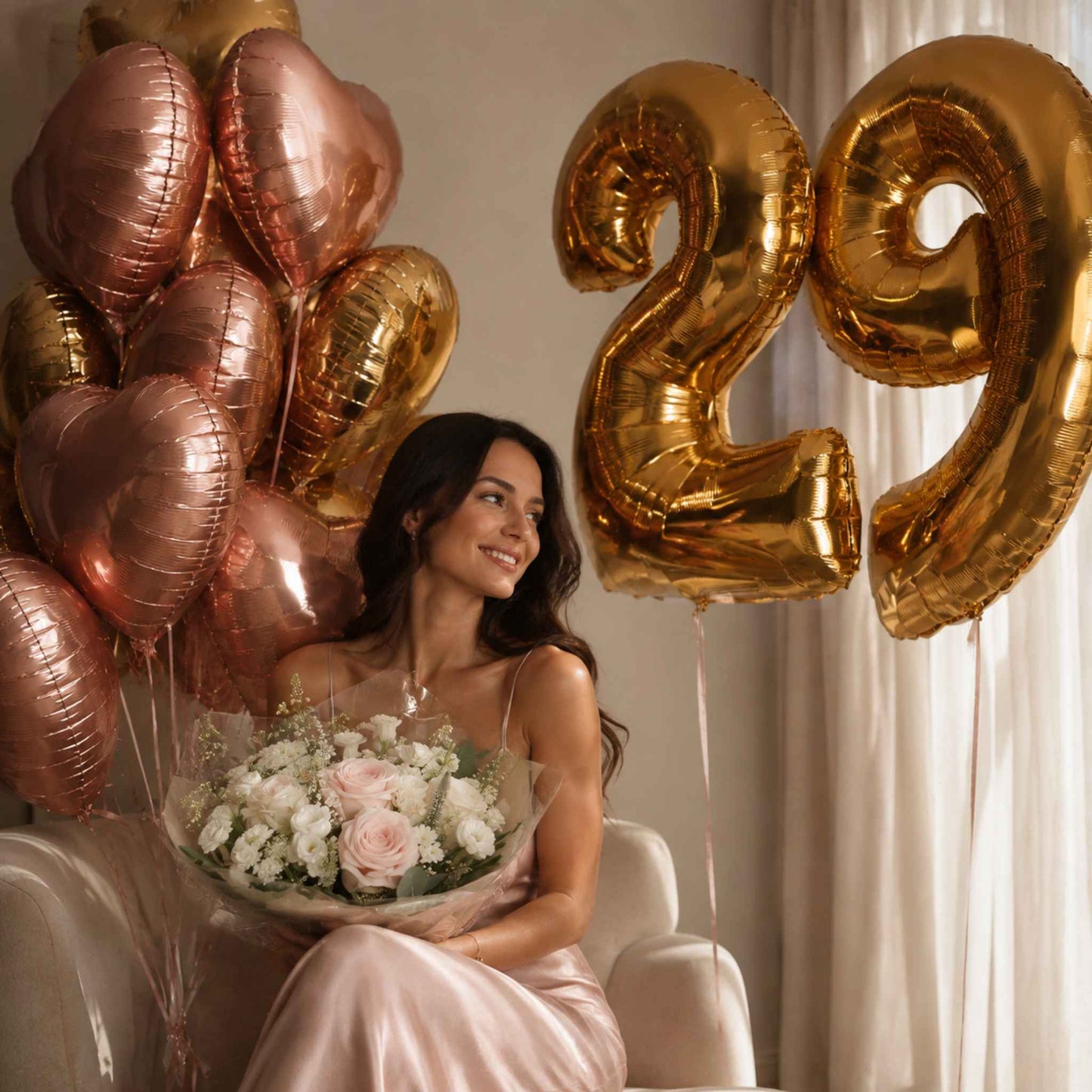 Birthday Rose Gold Heart Helium Balloons with Fresh Flowers