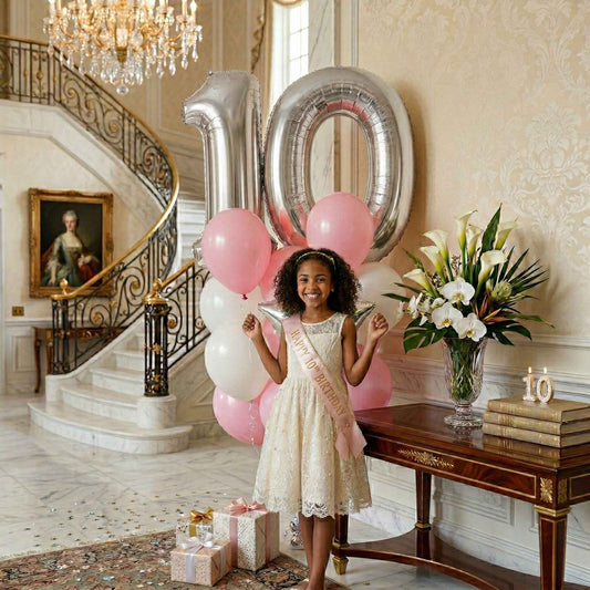 Young girl in a formal dress standing in a grand room with balloons and a large number 10 balloon.