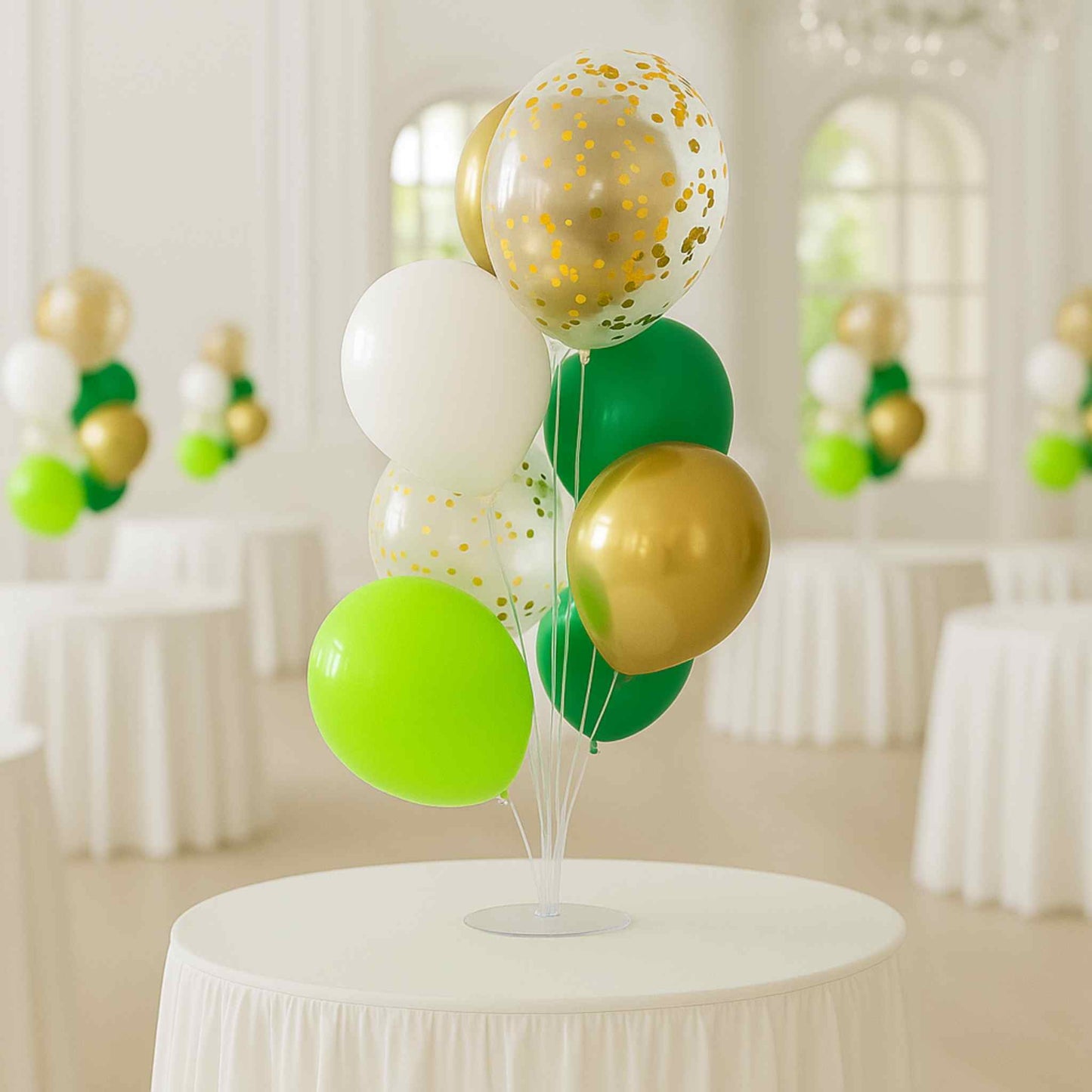 Decorative balloon arrangement on a table with a blurred background of more balloons and tables.