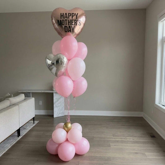 Pink Mother’s Day heart balloon bouquet with latex base and silver heart