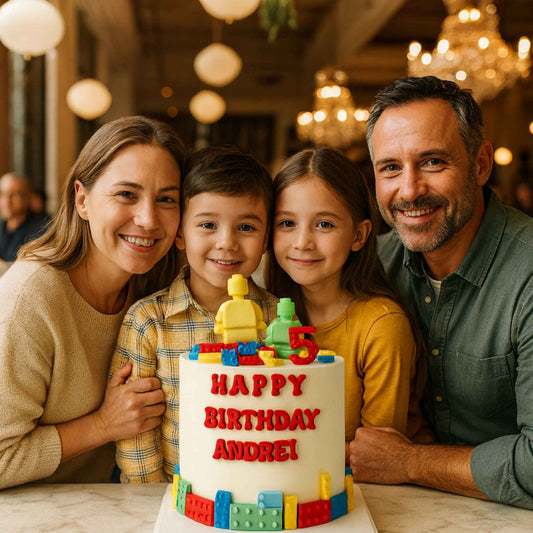 Family of four posing with a birthday cake in a warmly lit room.