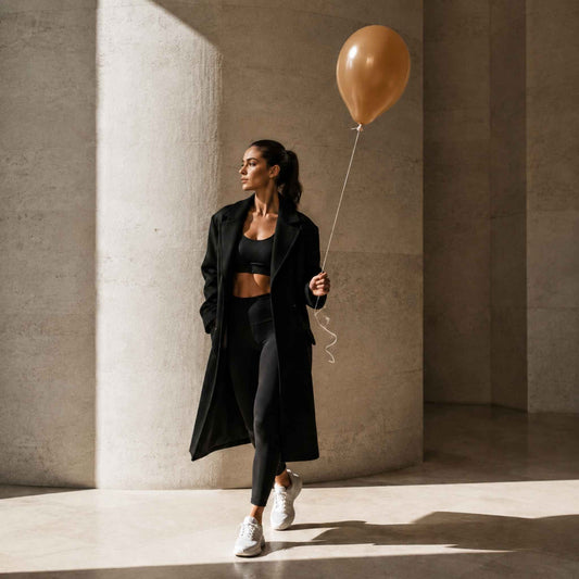 A woman in a black activewear set and long black coat walks through a sunlit concrete corridor while holding a gold balloon. She is wearing white sneakers.
