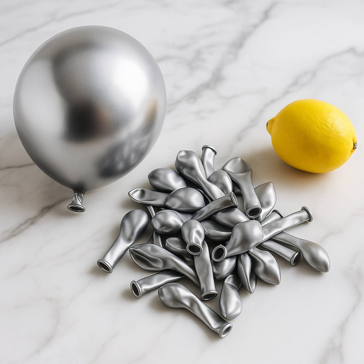 Silver balloons and a lemon on a marble surface