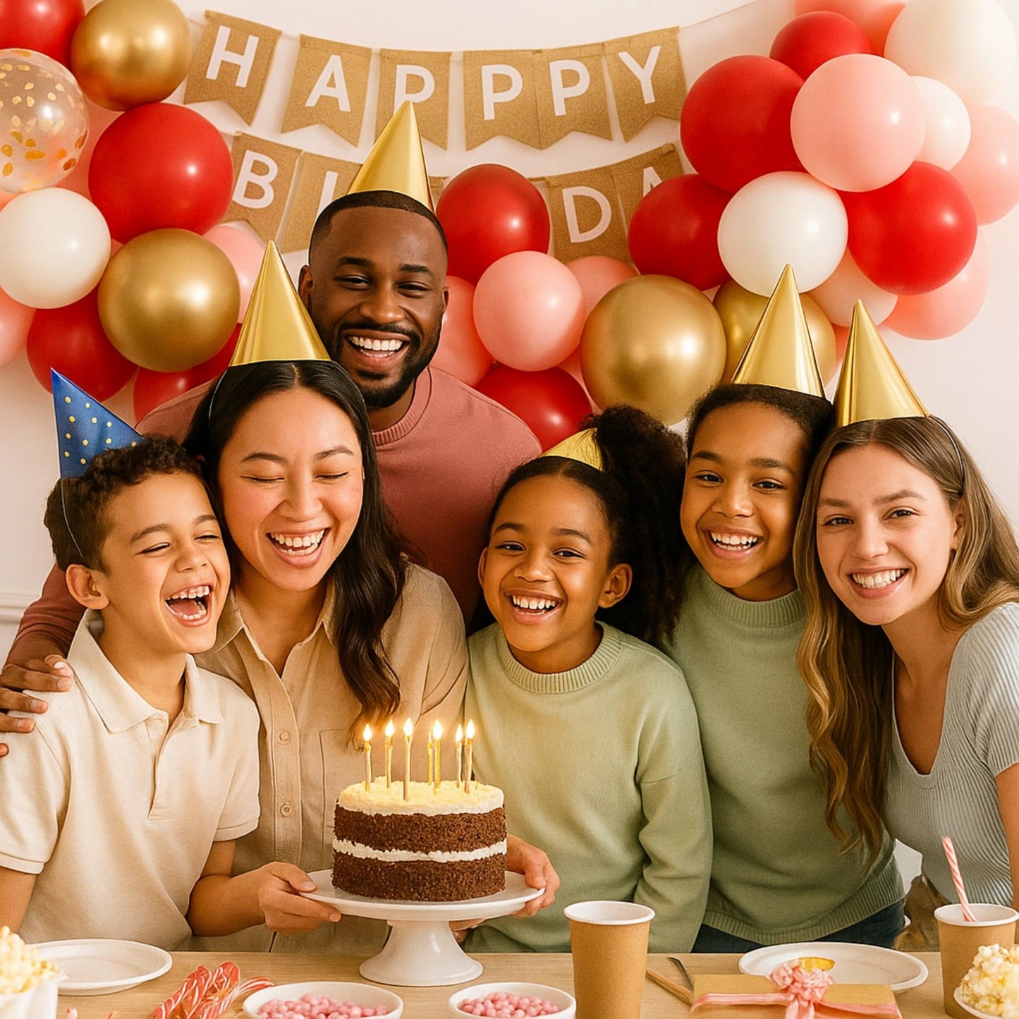 Family celebrating a birthday with balloons and a cake