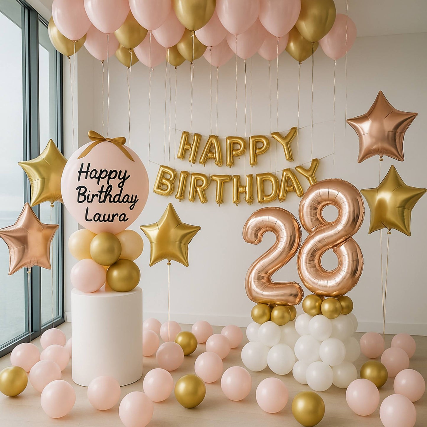 Birthday decoration with balloons, stars, and 'Happy Birthday Laura' sign.