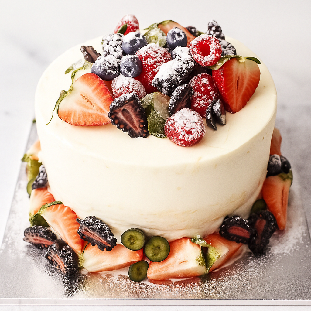 Decorative cake with fresh fruits on a white background