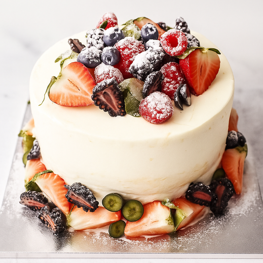 Decorative cake with fresh fruits on a white background