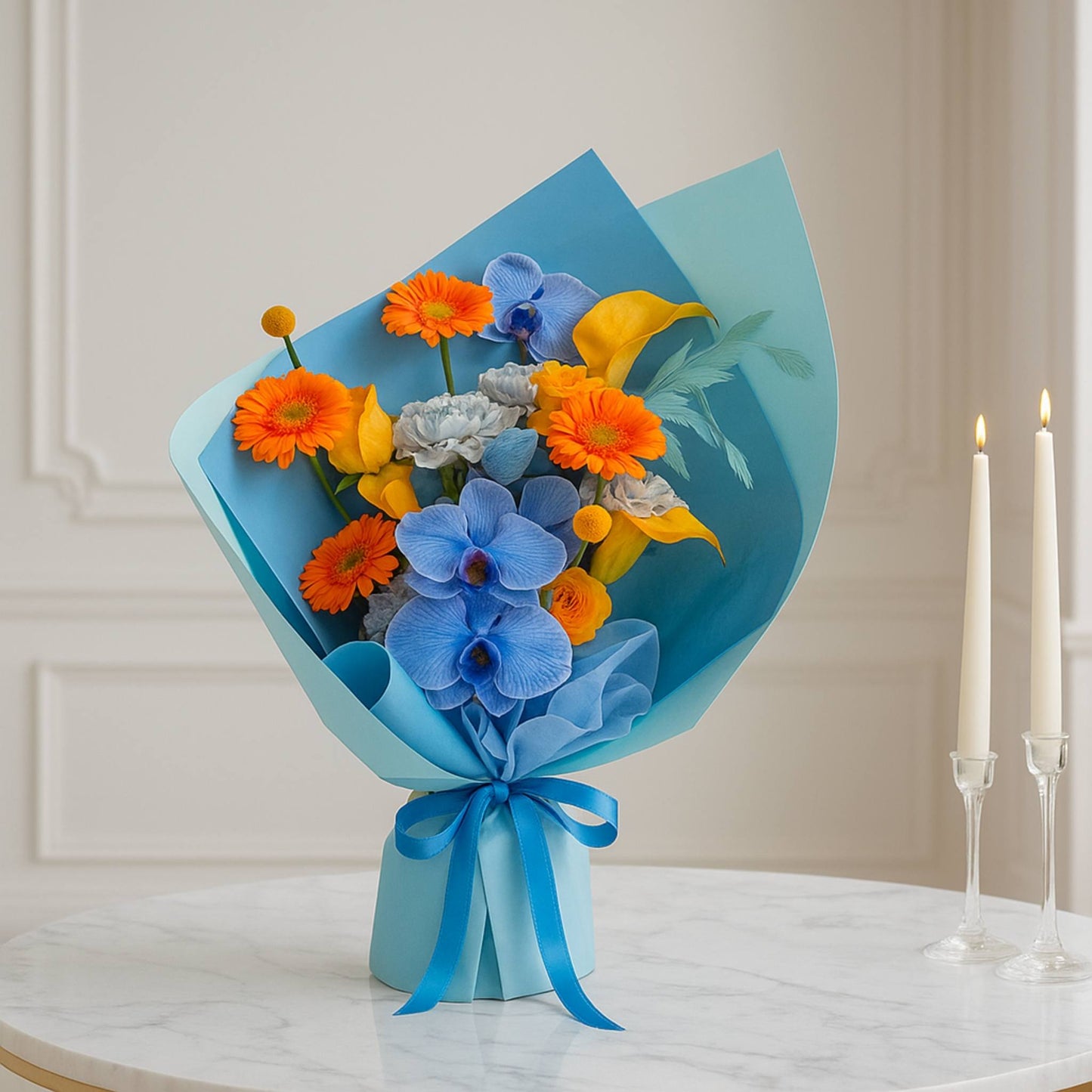Designer's Choice Orange Blue Luxury Flower Bouquet