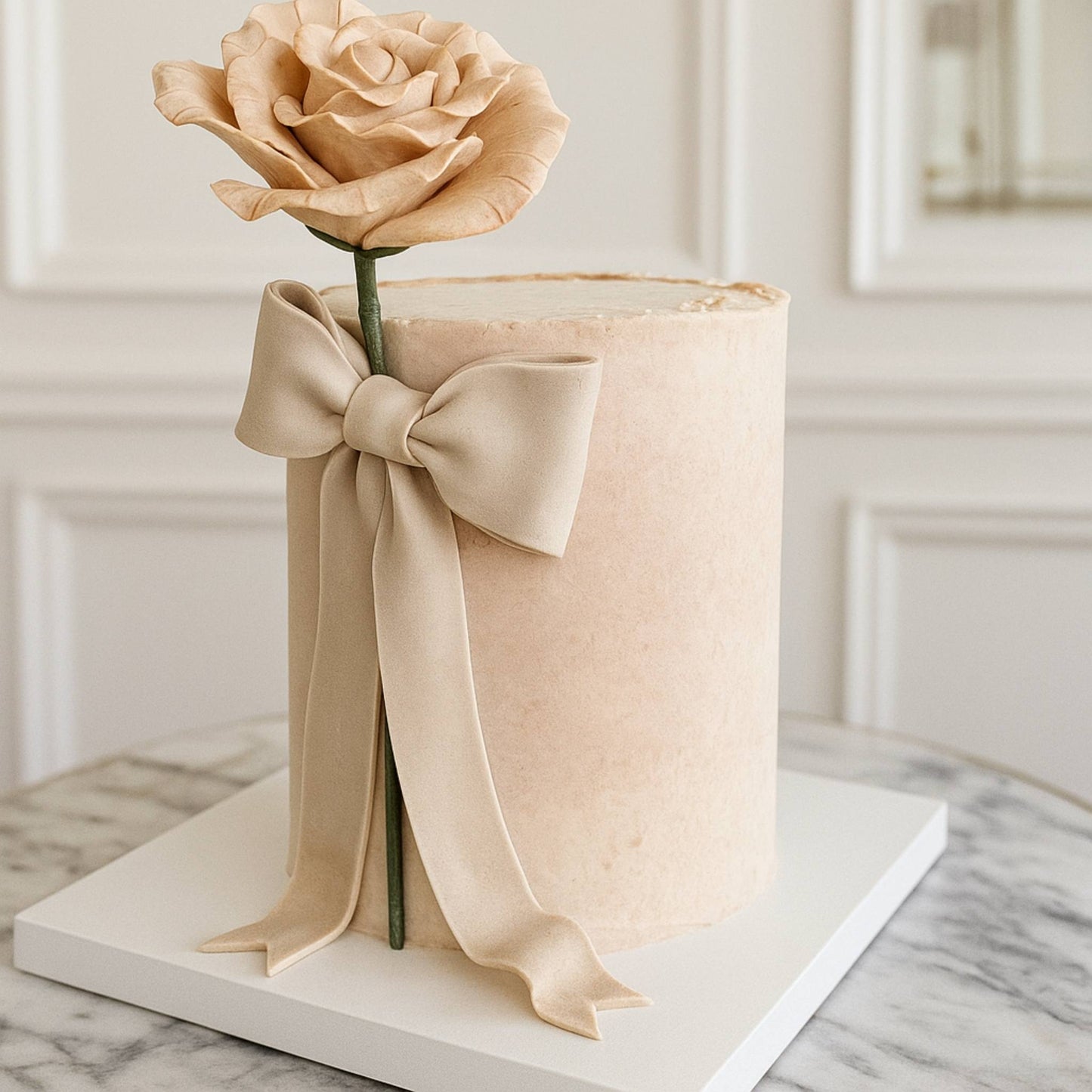 Beige cake with a rose and bow on a marble surface
