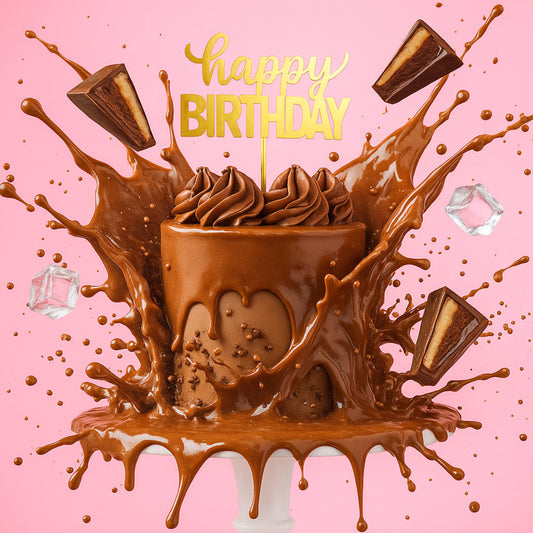 Chocolate birthday cake with splashes and 'Happy Birthday' text on a pink background
