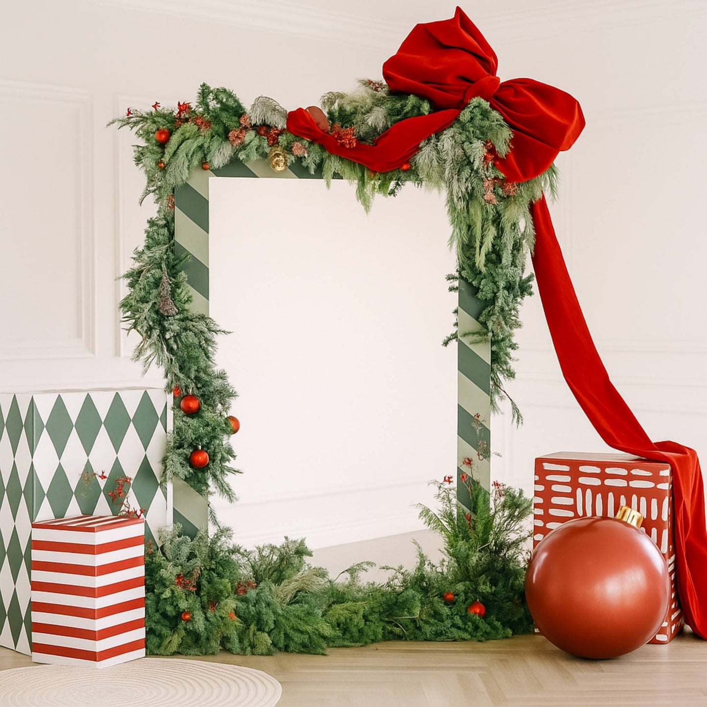 Decorative Christmas frame with greenery, red ribbon, and ornaments on a white wall.