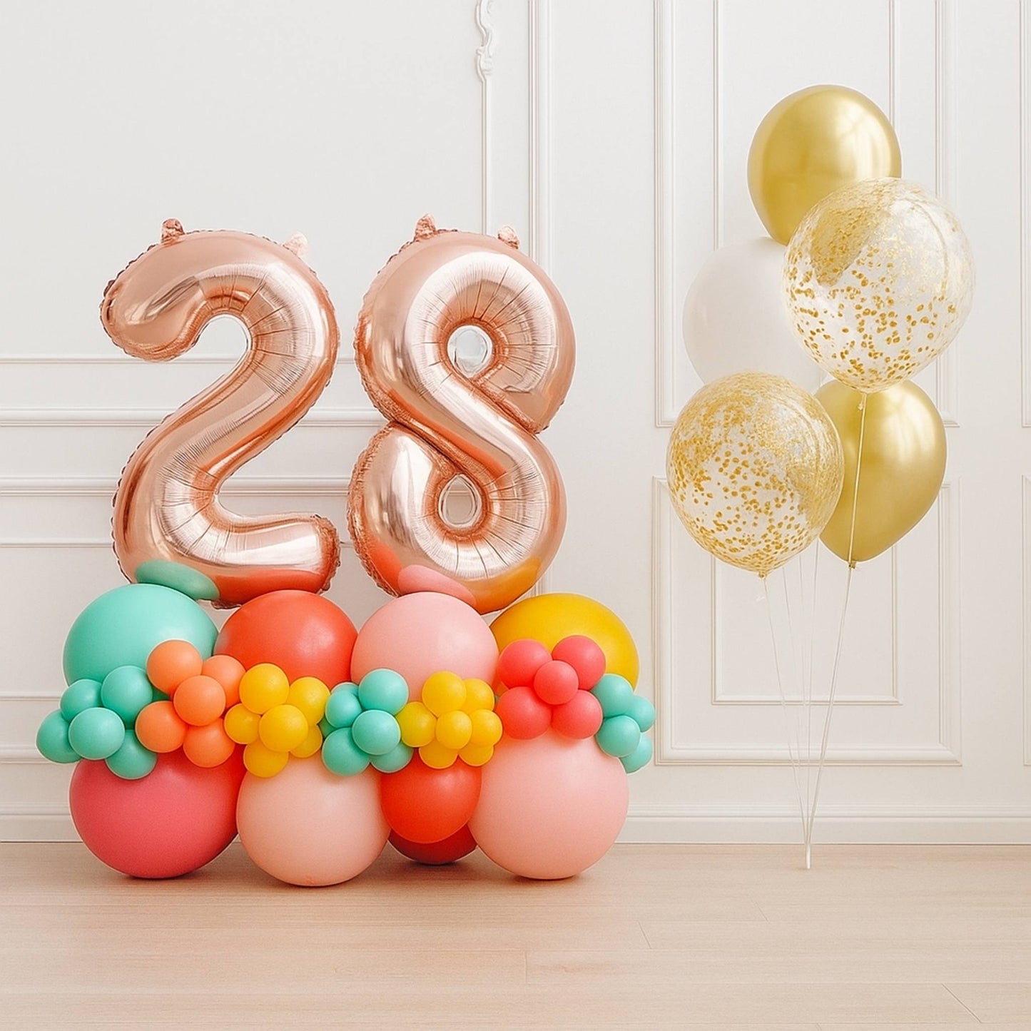 Colorful balloon arch with number '28' and additional gold balloons on a light wooden floor.