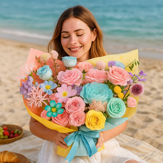 Woman holding a colorful bouquet of flowers on a beach