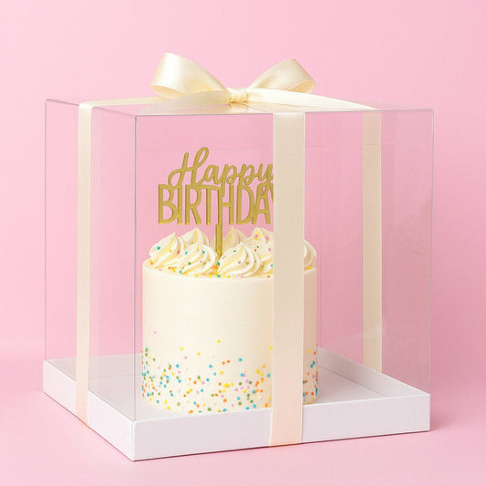 Gift box with a birthday cake inside, featuring a 'Happy Birthday' message on a pink background.