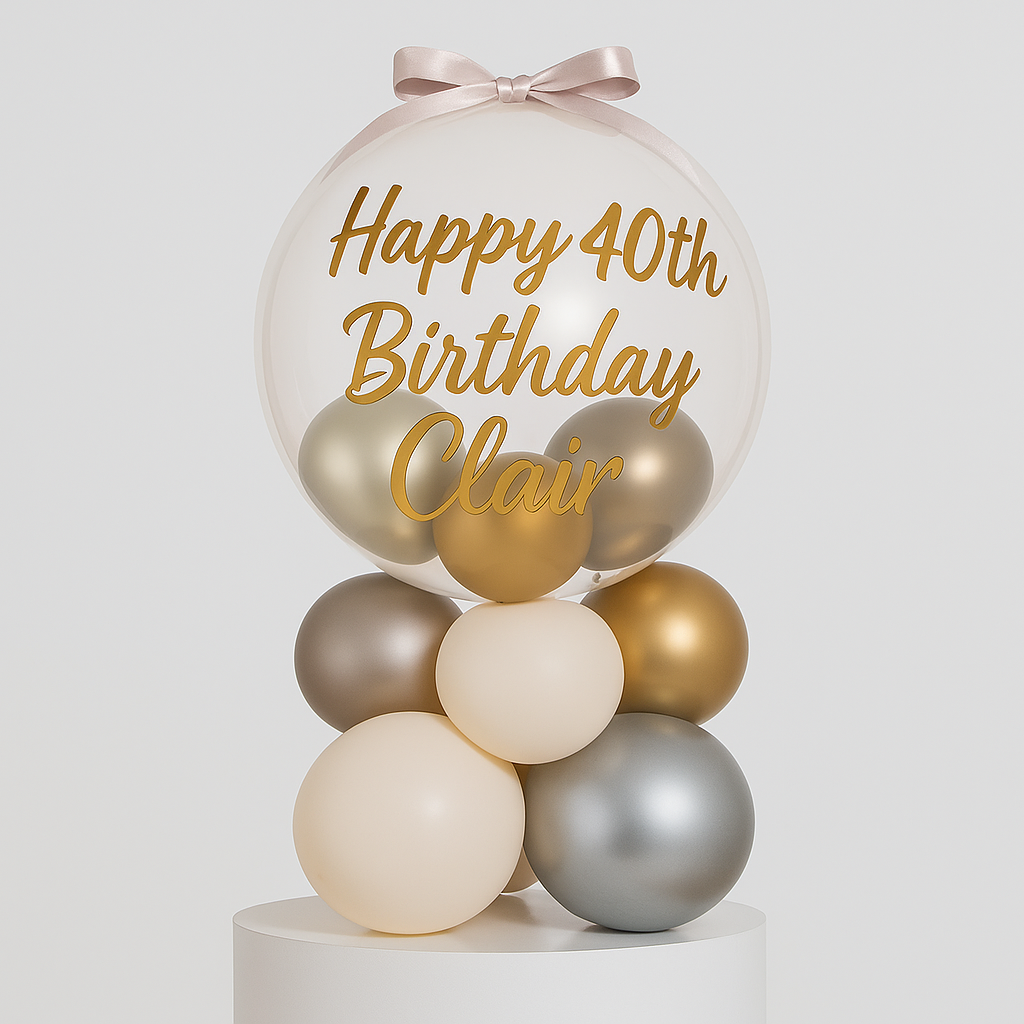 Decorative balloon arrangement with 'Happy 40th Birthday Clair' text on a light gray background