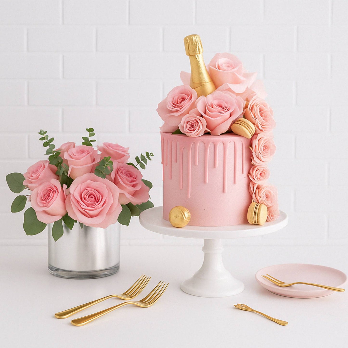 Gold Champagne Pink Roses Celebrate Cake