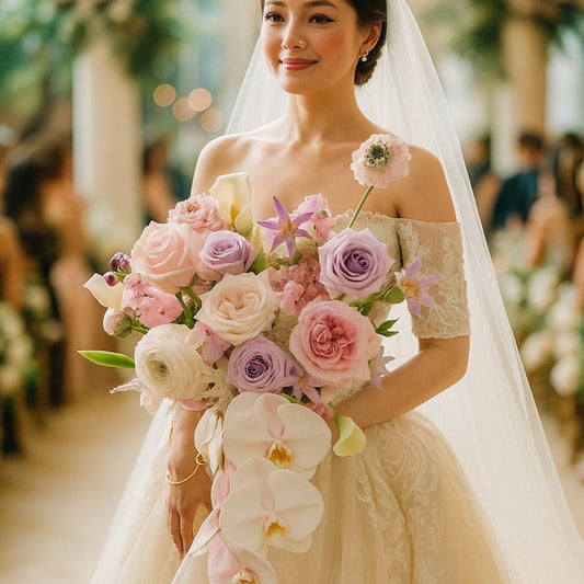 Bride holding a bouquet of flowers in an indoor setting