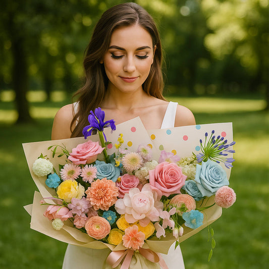 Woman holding a bouquet of colorful flowers in a park