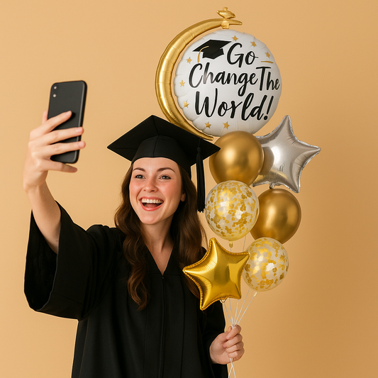 Go change the world graduation balloon bouquet of 7