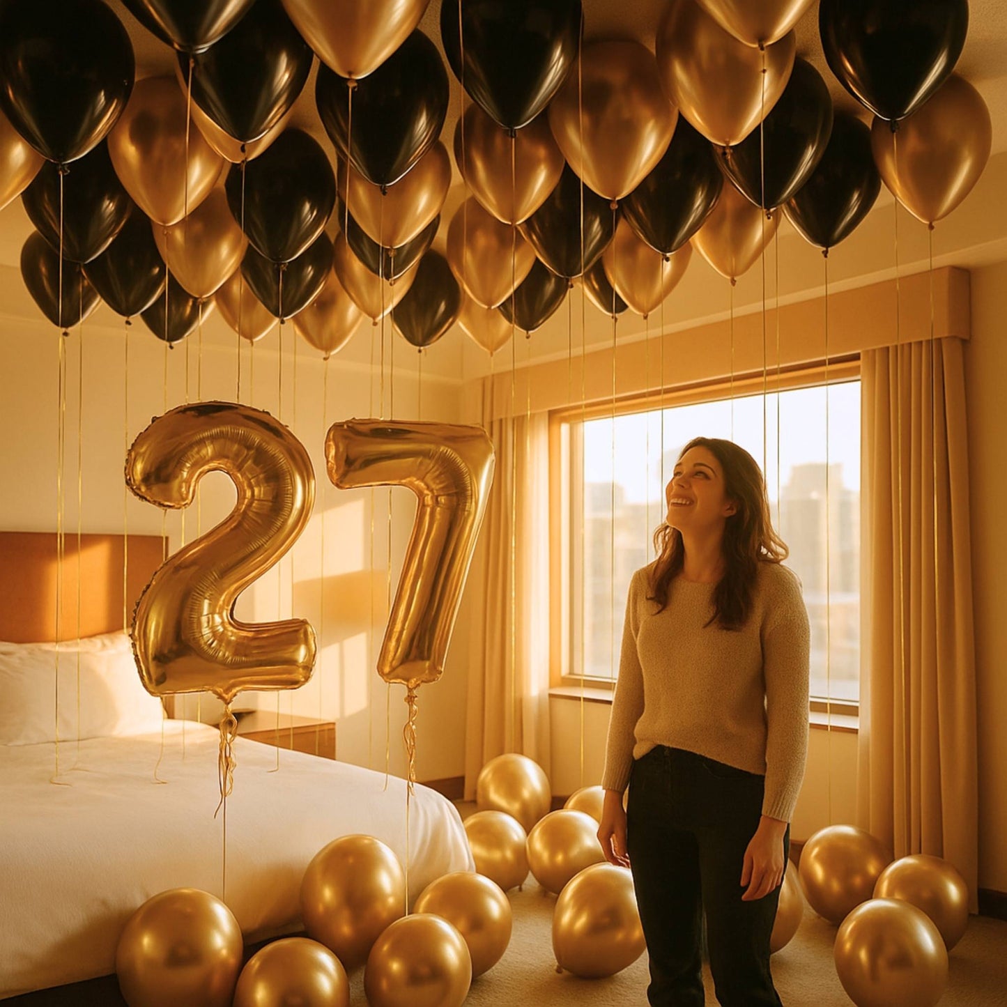 Woman standing in a room decorated with gold and black balloons, including a large '27' balloon, near a window.