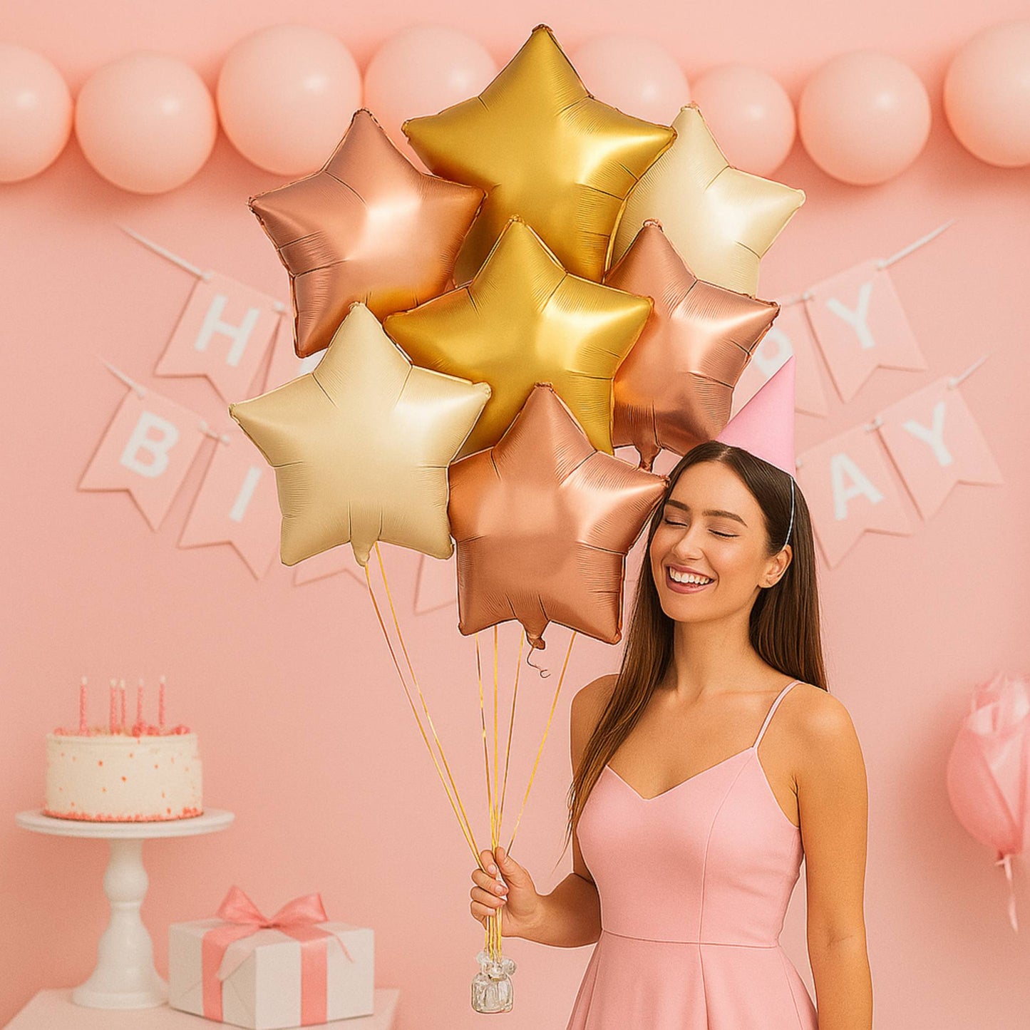 Woman holding star-shaped balloons in front of a pink birthday background with a cake and gift box.