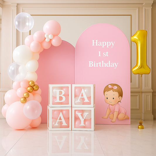Birthday decoration set with pink arch, balloons, and 'Happy 1st Birthday' sign.