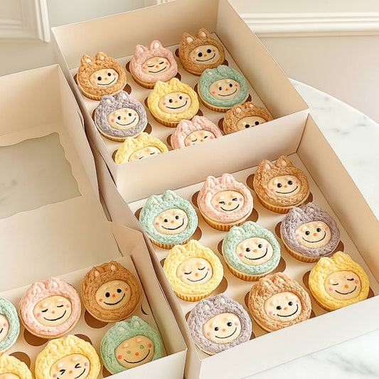Box of cupcakes with labubu face designs on a light background