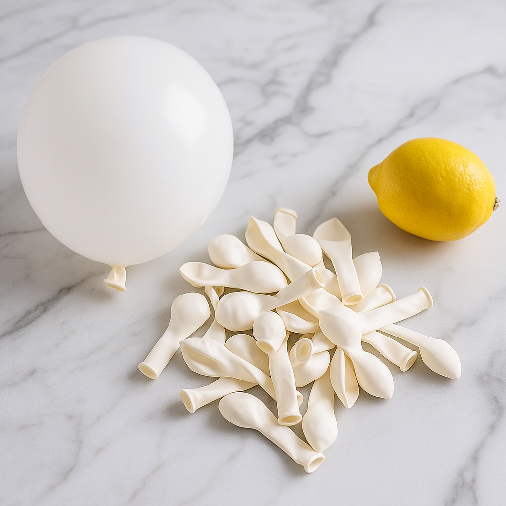 White balloons and a lemon on a marble surface