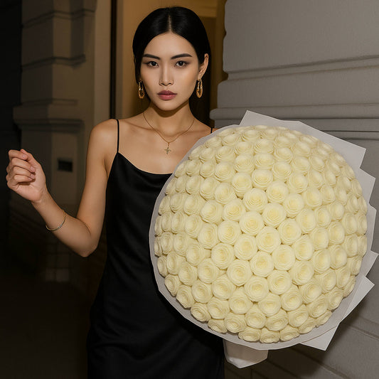 Woman holding a large bouquet of white roses indoors.