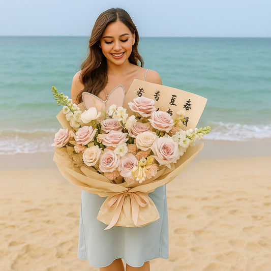 Woman holding a bouquet of flowers on a beach