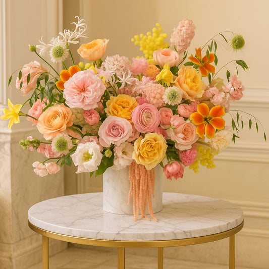 Bouquet of colorful flowers in a white vase on a marble table with a beige wall background