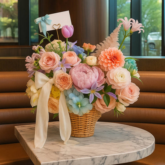 Bouquet of flowers in a basket on a marble table with a blurred background